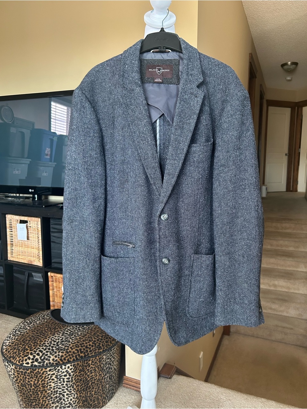 Blue/Gray Men's Wool Blend 2 Button Blazer with Elbow Patches